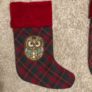 pottery barn jeweled owl plaid christmas stocking